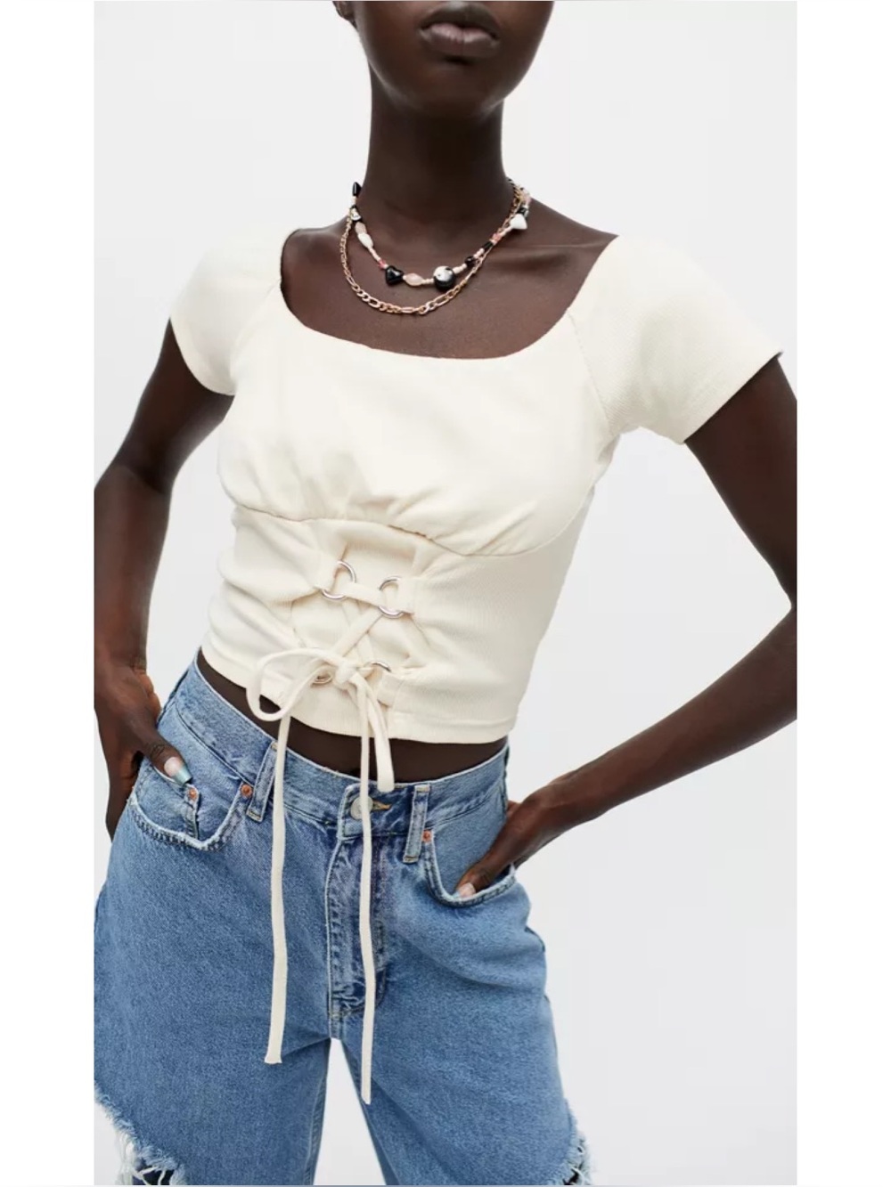 The Ragged Priest Cream Corset Tee Ribbed Knit